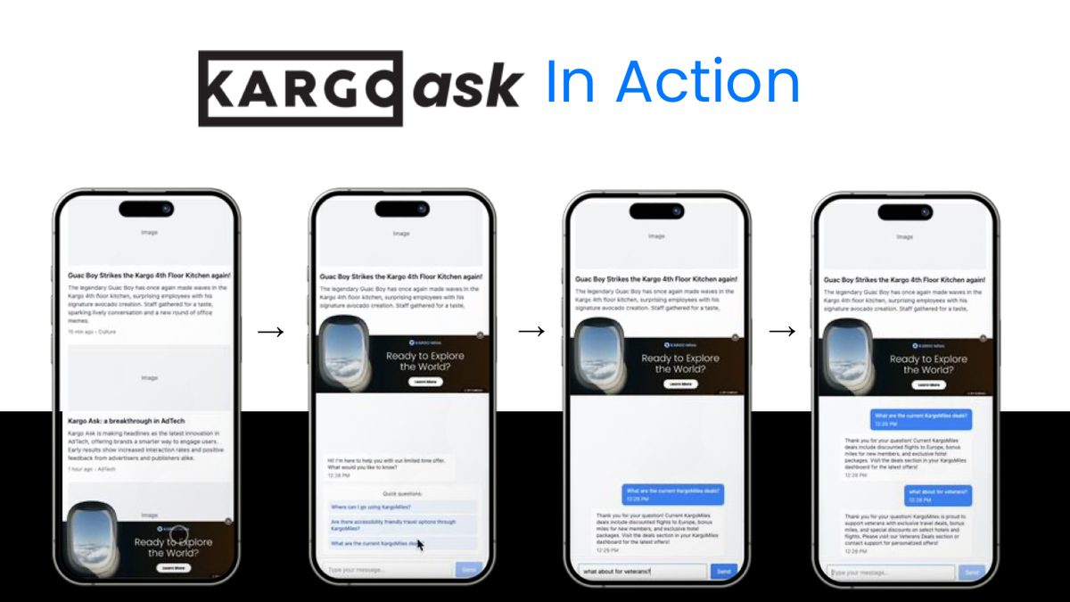 KargoAsk — the conversational ad unit shown in action across phone screens